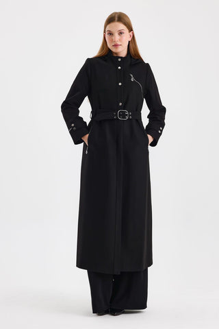 Hooded Trench Coat with Zipper Detail, Black, 13678