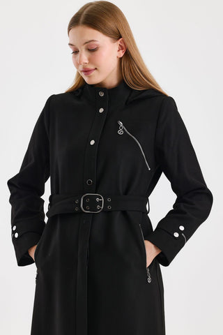 Hooded Trench Coat with Zipper Detail, Black, 13678