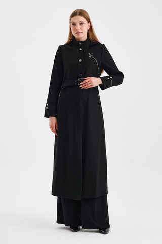 Hooded Trench Coat with Zipper Detail, Black, 13678