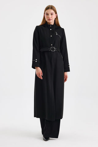 Hooded Trench Coat with Zipper Detail, Black, 13678