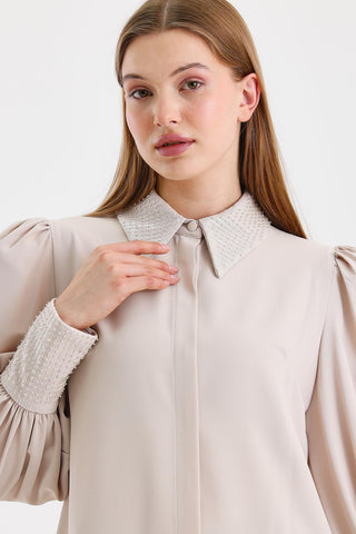 Taş Detaylı Balon Kol Bej Tunik 1452