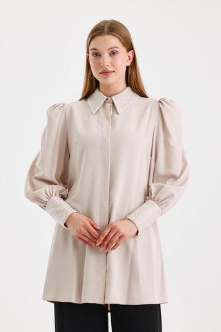 Taş Detaylı Balon Kol Bej Tunik 1452