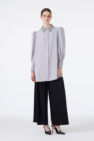 Taş Detaylı Balon Kol Gri Tunik 1452