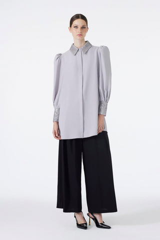 Taş Detaylı Balon Kol Gri Tunik 1452