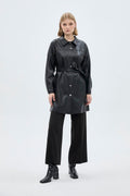 Shirt Collar Button Closure Leather Black Tunic 1476