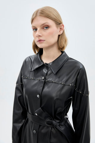 Shirt Collar Button Closure Leather Black Tunic 1476