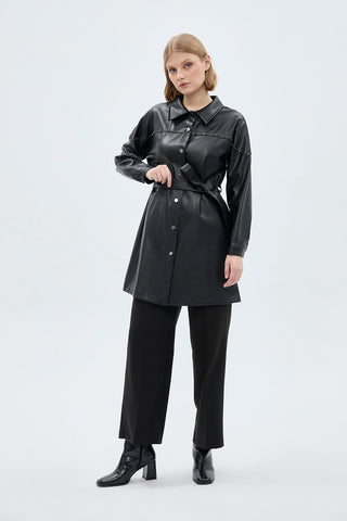 Shirt Collar Button Closure Leather Black Tunic 1476