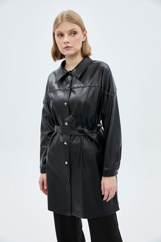 Shirt Collar Button Closure Leather Black Tunic 1476