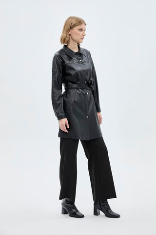 Shirt Collar Button Closure Leather Black Tunic 1476