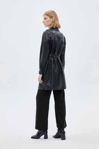 Shirt Collar Button Closure Leather Black Tunic 1476