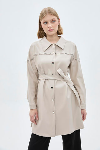 Shirt Collar Button Closure Leather Stone Tunic 1476