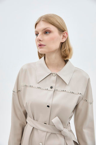 Shirt Collar Button Closure Leather Stone Tunic 1476