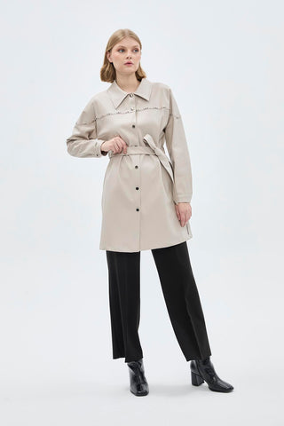 Shirt Collar Button Closure Leather Stone Tunic 1476