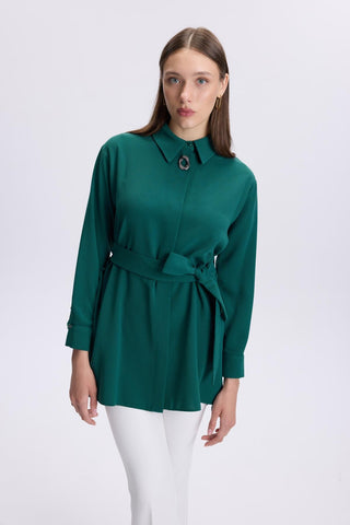 Emerald Green Tunic with Brooch Detail and Waist Tie 1497