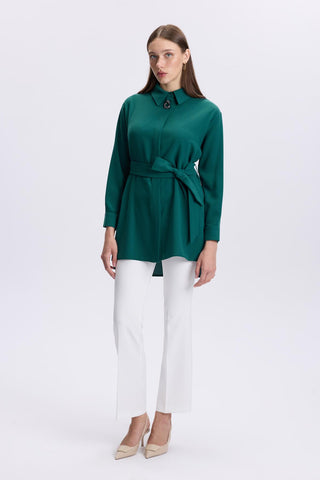 Emerald Green Tunic with Brooch Detail and Waist Tie 1497