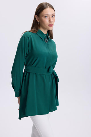 Emerald Green Tunic with Brooch Detail and Waist Tie 1497