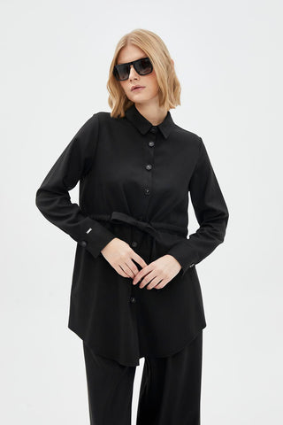 Buttoned Waist Tie Black Tunic 1508