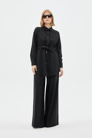 Buttoned Waist Tie Black Tunic 1508