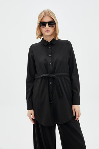Buttoned Waist Tie Black Tunic 1508