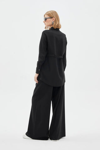 Buttoned Waist Tie Black Tunic 1508