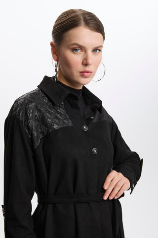 Black Tunic with Quilted Shoulder Detail and Belt 1521