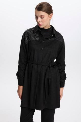 Black Tunic with Quilted Shoulder Detail and Belt 1521