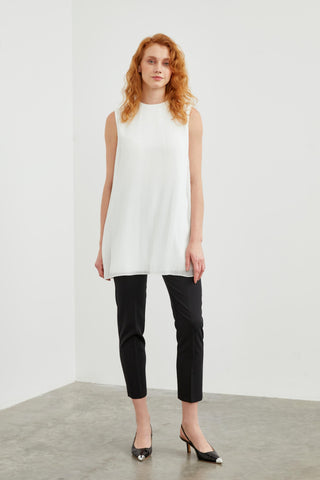 Crew Neck Sleeveless Pleated Undershirt Ecru Tunic 0004