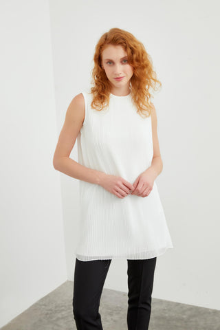 Crew Neck Sleeveless Pleated Undershirt Ecru Tunic 0004