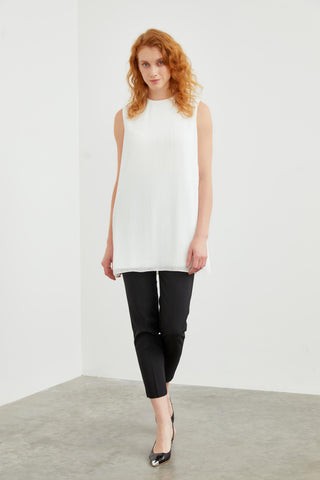 Crew Neck Sleeveless Pleated Undershirt Ecru Tunic 0004