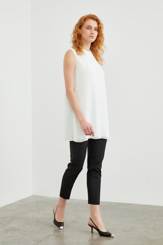 Crew Neck Sleeveless Pleated Undershirt Ecru Tunic 0004