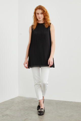 Crew Neck Sleeveless Pleated Undershirt Black Tunic 0004