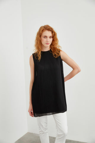 Crew Neck Sleeveless Pleated Undershirt Black Tunic 0004
