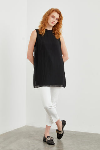 Crew Neck Sleeveless Pleated Undershirt Black Tunic 0004