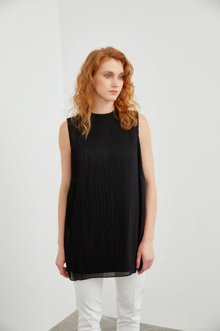 Crew Neck Sleeveless Pleated Undershirt Black Tunic 0004
