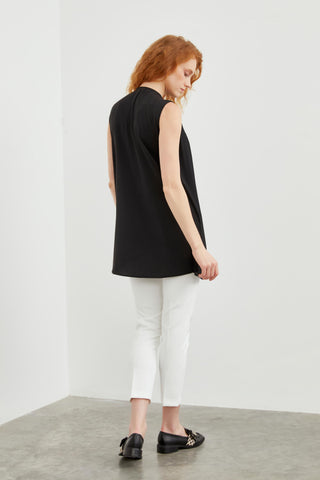 Crew Neck Sleeveless Pleated Undershirt Black Tunic 0004