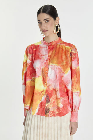 Hakim Yaka Desenli Yağ Yeşili Gömlek Oranj Bluz/Gömlek 0082