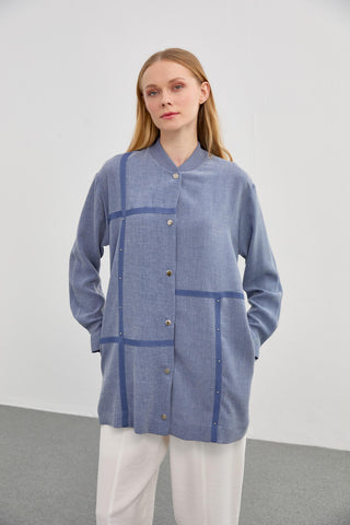 Hakim Yaka Şerit Detaylı Spor Indigo Ceket 0086