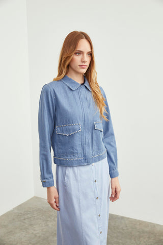 Denim Cep Detaylı Spor Mavi Ceket 0095