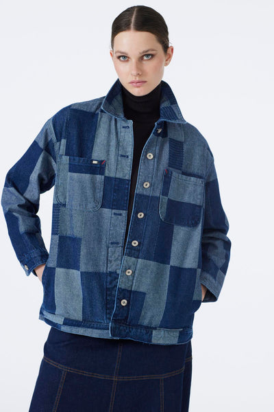 Denim Desenli Cep Detaylı Gri Mavi Ceket 0096