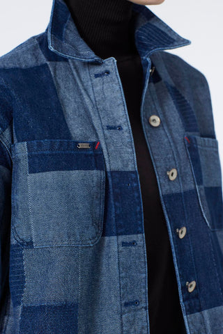 Denim Desenli Cep Detaylı Gri Mavi Ceket 0096