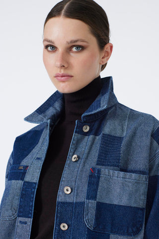 Denim Desenli Cep Detaylı Gri Mavi Ceket 0096