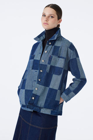 Denim Desenli Cep Detaylı Gri Mavi Ceket 0096