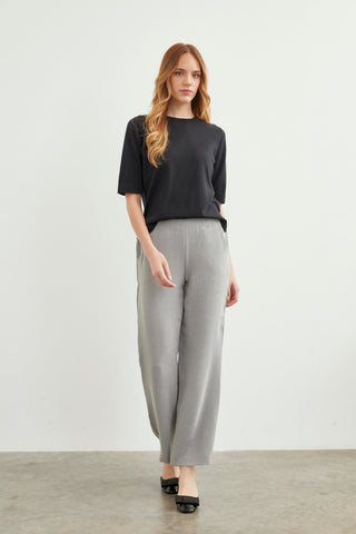 Wide Leg, Elastic Waistband Fabric Leona Grey Trousers 0102