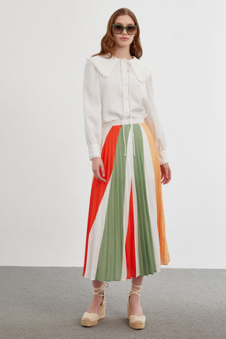 Pleated Color Block Green Skirt 0145