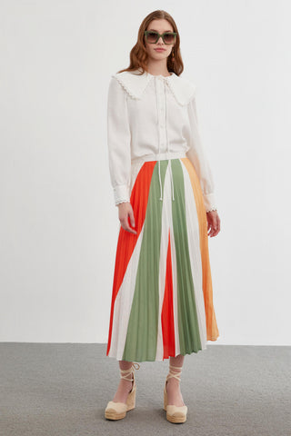 Piliseli Renk Bloklu Yeşil Etek 0145