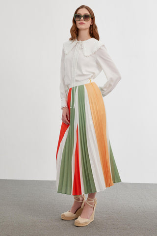Pleated Color Block Green Skirt 0145