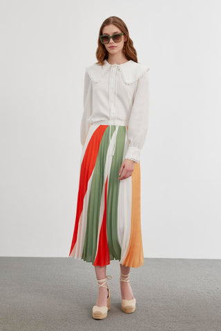 Pleated Color Block Green Skirt 0145