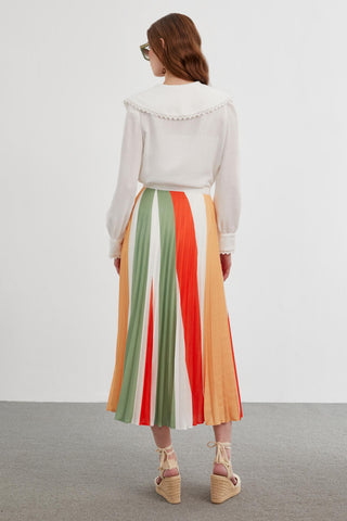 Pleated Color Block Green Skirt 0145