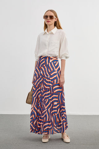 Patterned Long Pleated Orange Skirt 0155