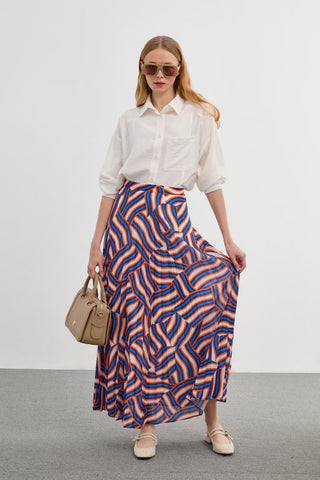 Patterned Long Pleated Orange Skirt 0155